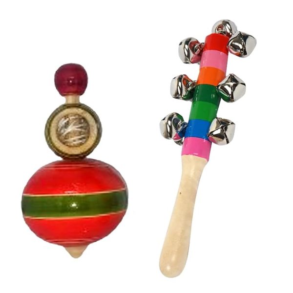 LittleLoot Wooden Rattle with Bell & Wooden Bambaram Combo – Eco-Friendly Handcrafted Baby Toy Set for Infants | Promotes Motor Skills Development | Safe, Durable & Non-Toxic | Ideal Gift for Newborns