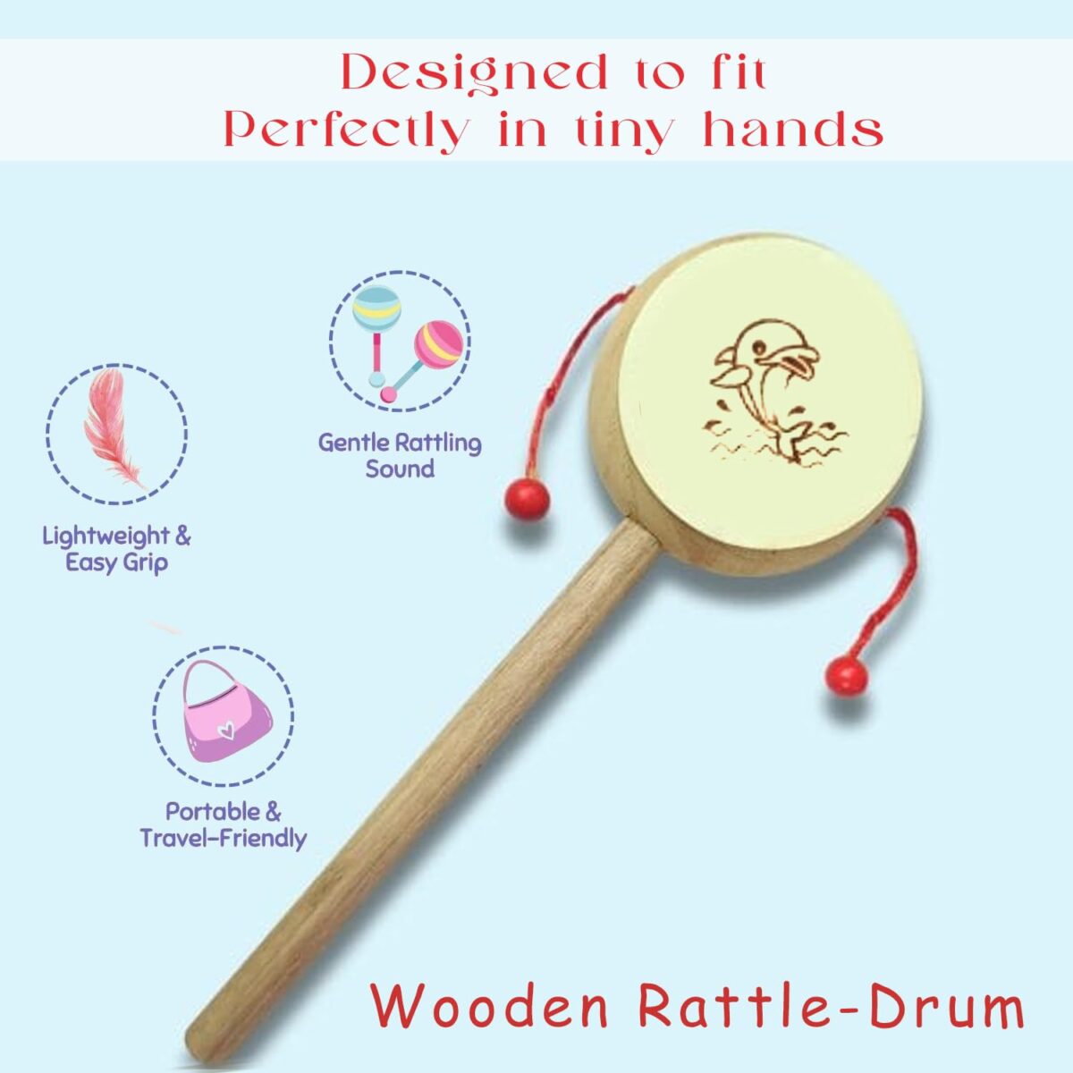 LittleLoot Handcrafted Wooden Rattle Drum Toy for Kids – Eco-Friendly, Safe, and Colorful Damru for Early Learning, Sensory & Auditory Development – Ideal Gift for Babies & Toddlers - Image 5