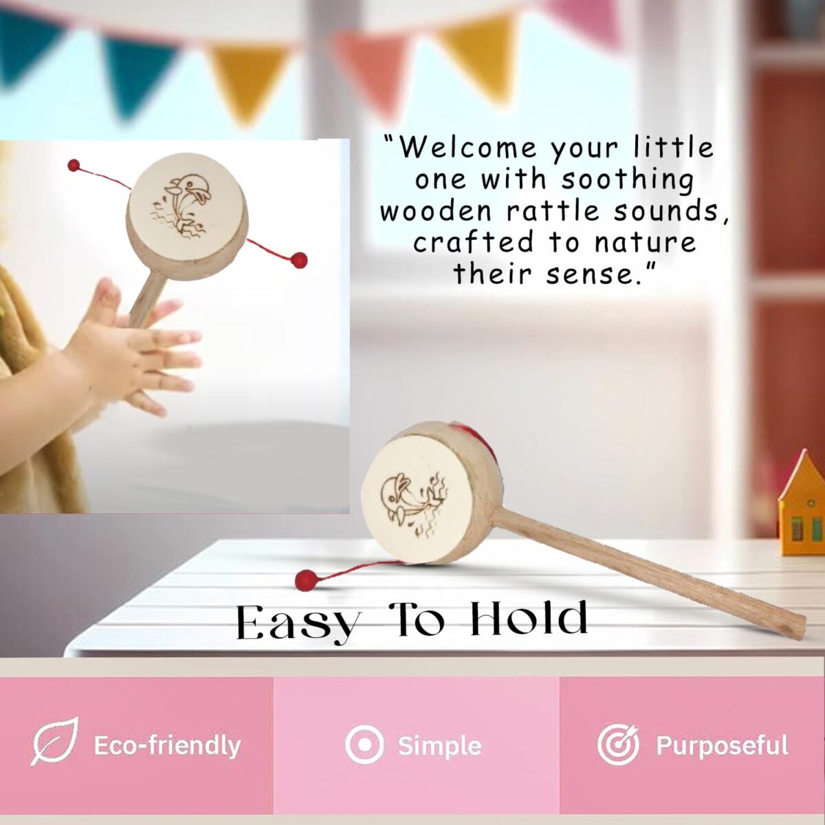 LittleLoot Handcrafted Wooden Rattle Drum Toy for Kids – Eco-Friendly, Safe, and Colorful Damru for Early Learning, Sensory & Auditory Development – Ideal Gift for Babies & Toddlers - Image 3