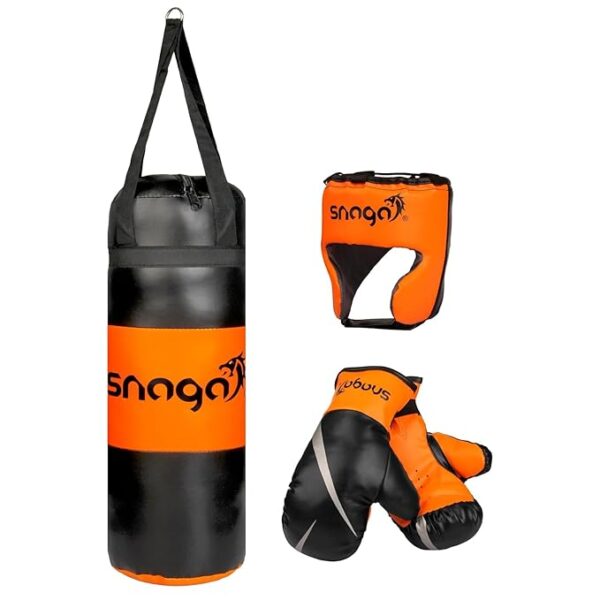 LittleLoot Snaga Kids Boxing Kit – Complete Set with Gloves, Adjustable Head Guard & Punching Bag – Durable PU – Orange & Black – Ages 3-10 – Unisex Boys & Girls (Black-Orange)
