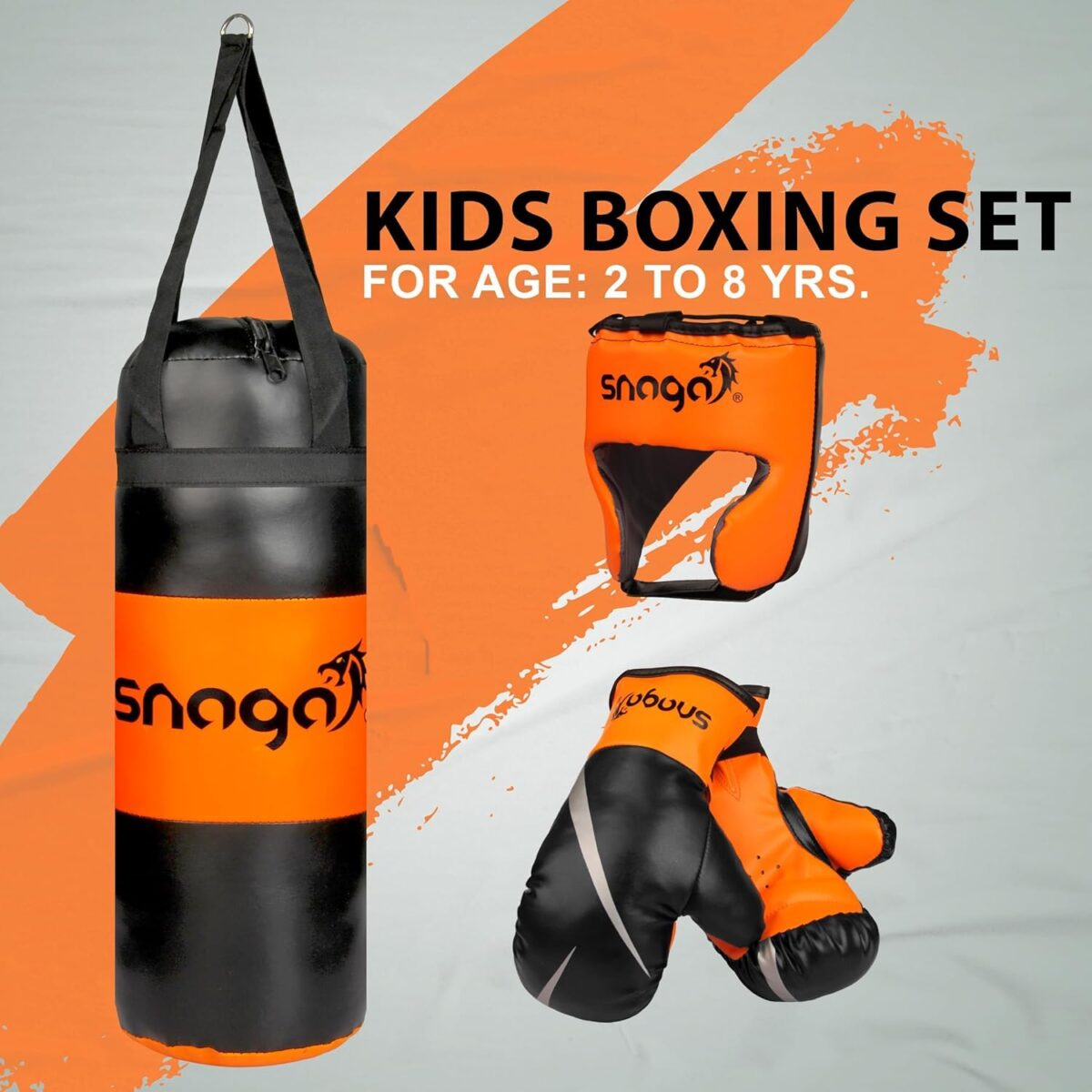 LittleLoot Snaga Kids Boxing Kit – Complete Set with Gloves, Adjustable Head Guard & Punching Bag – Durable PU – Orange & Black – Ages 3-10 – Unisex Boys & Girls (Black-Orange) - Image 2