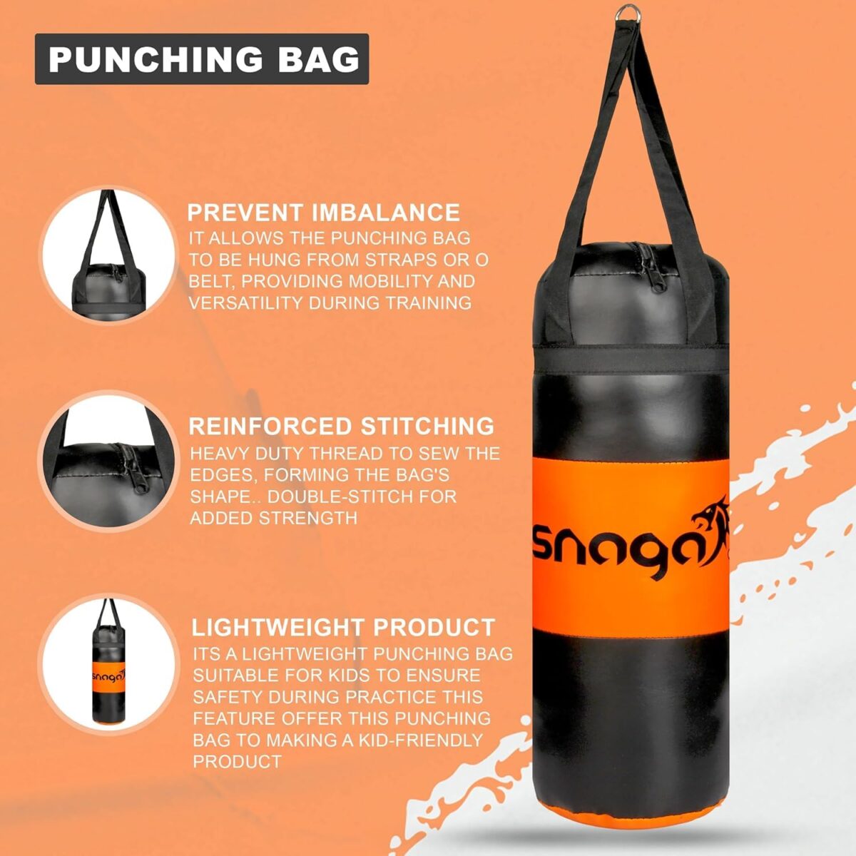 LittleLoot Snaga Kids Boxing Kit – Complete Set with Gloves, Adjustable Head Guard & Punching Bag – Durable PU – Orange & Black – Ages 3-10 – Unisex Boys & Girls (Black-Orange) - Image 3
