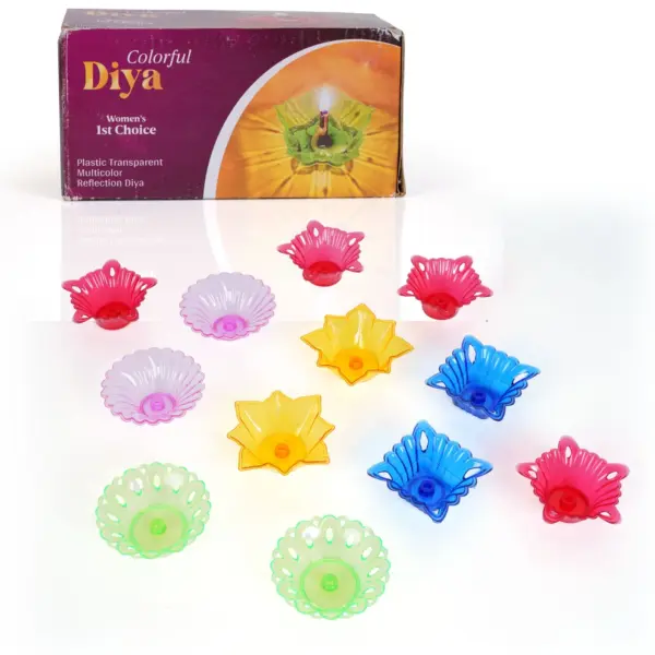 Colorful Oil Diya Lamps – Handmade 3D Plastic Deepam for Mandir Decor, Diwali Puja & Festivals | Flameless Sensor LED Light Diyas, Pack of 12, Multicolor